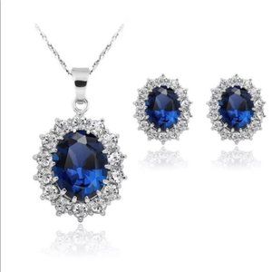 NWT‎ Blue Sapphire Gemstone 💎 Necklace Earrings Set. Women's Fashion Jewe…
